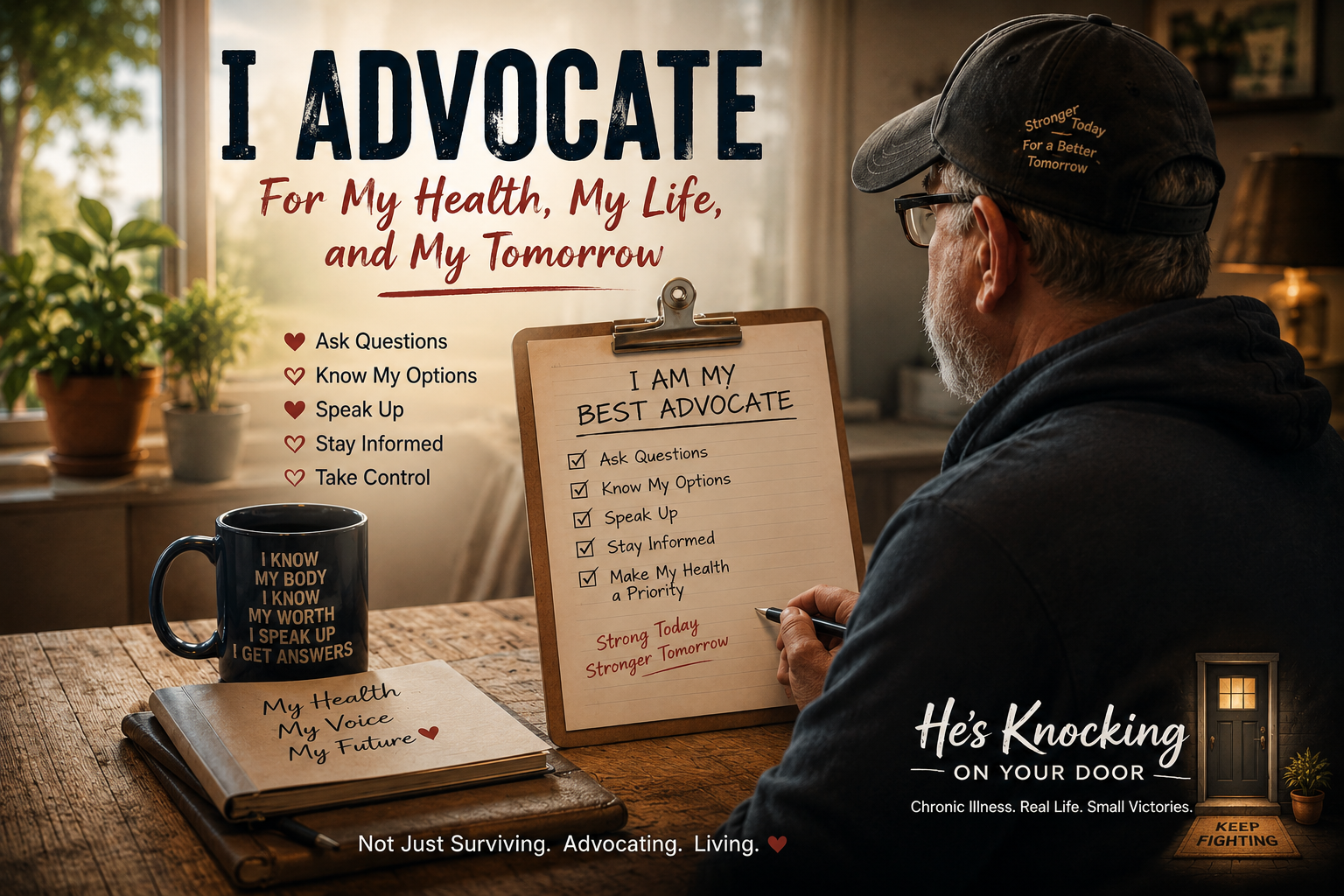A determined man reviewing medical notes before a doctor's appointment, symbolizing the importance of self-advocacy, asking questions, and staying informed while living with chronic illness.