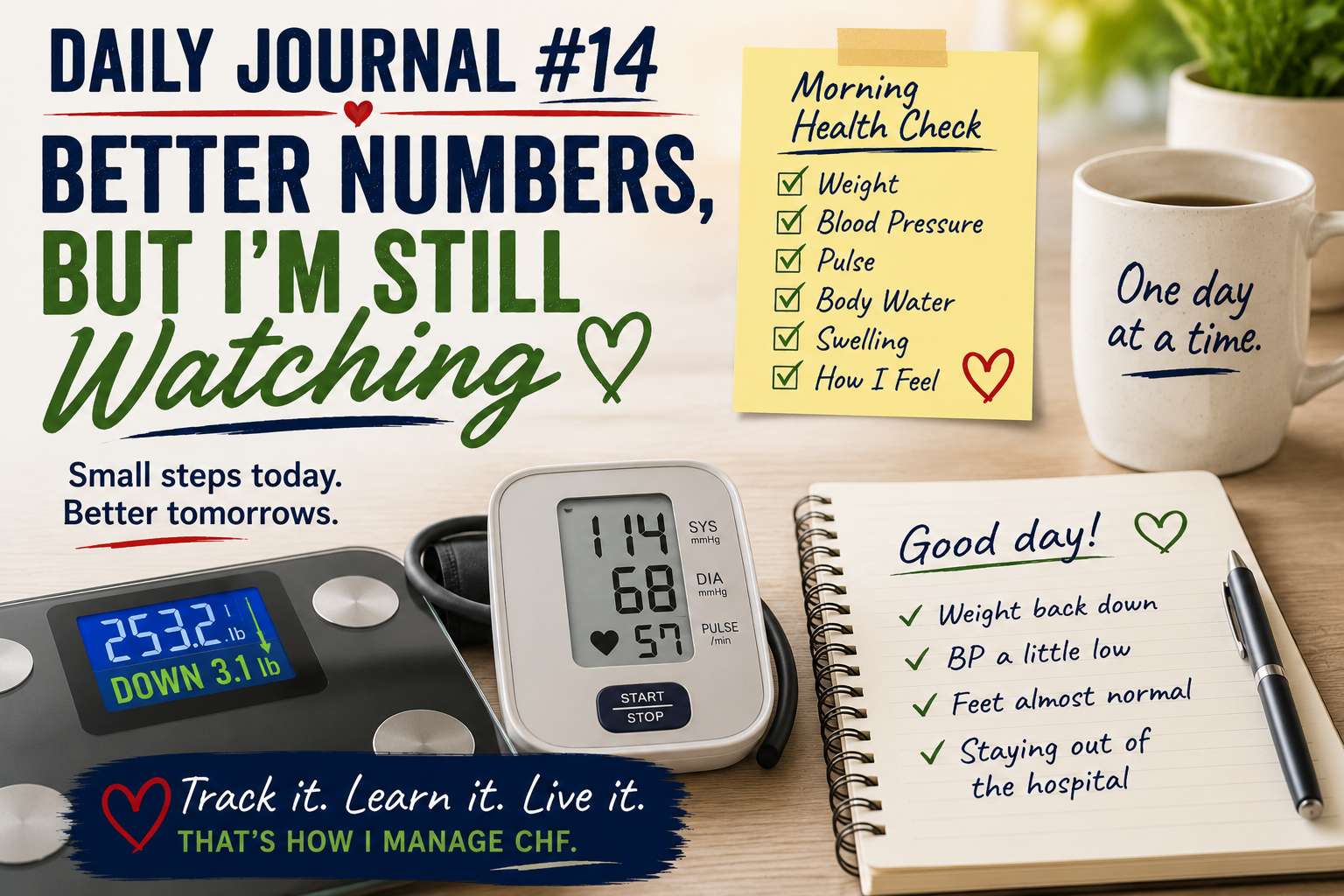 Daily CHF monitoring graphic showing a 3.1-pound weight drop, blood pressure of 114/68, pulse of 57, and a morning health checklist.