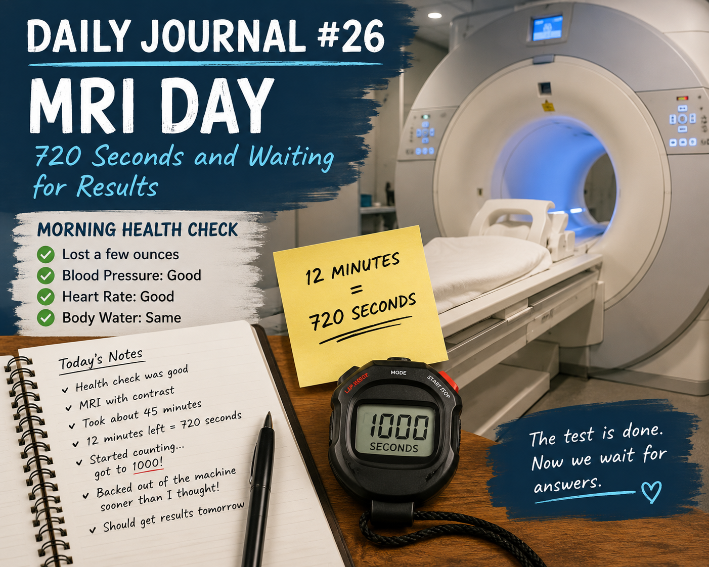 MRI scanner with journal notes about a kidney MRI with contrast and waiting for results