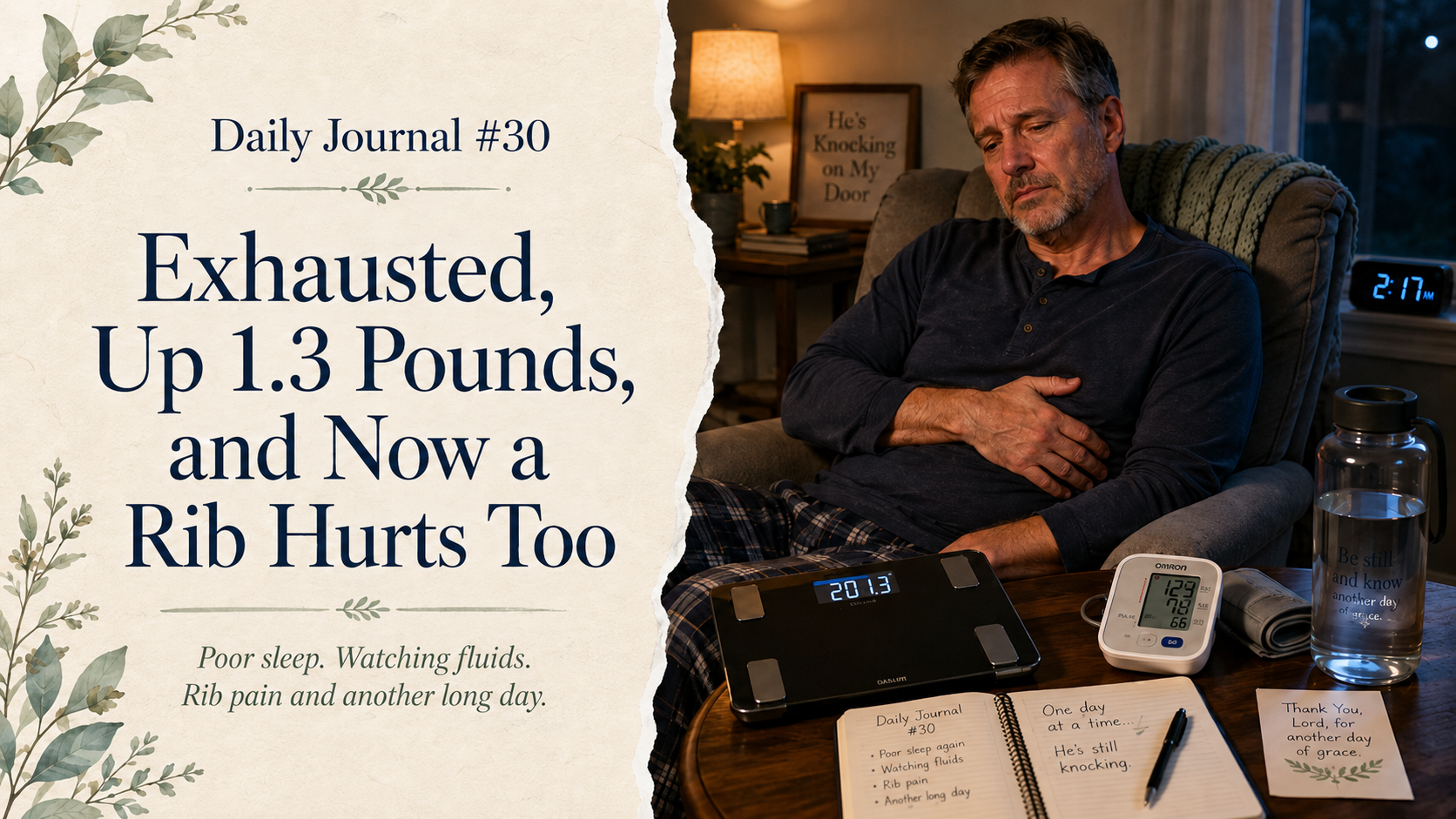 Exhausted man resting in a recliner with rib pain while monitoring weight, blood pressure and fluid intake
