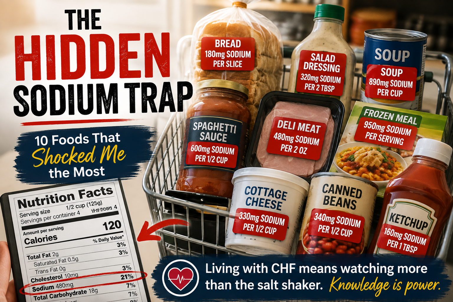 Shopping cart filled with everyday grocery items labeled with their sodium content, illustrating hidden sources of sodium commonly found in processed foods.